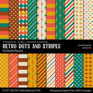 Motifs rétro à pois et à rayures - turquoise, corail, orange et marron, 20 papiers numériques 12 x 12 pouces, fichier PAT, papier transparent, TÉLÉCHARGEMENT IMMÉDIAT