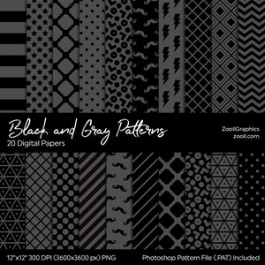 Schwarz und grau Muster, geometrische Hintergrund, 20 digitale Papiere (12 "x 12"), PAT-Datei enthalten, nahtlose Papier, INSTANT DOWNLOAD