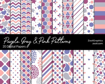 Purple, Grey And Pink Patterns, 20 Digital Papers 12“x12“, PAT File Included, Soft Purple Seamless Paper, Commercial Use, INSTANT DOWNLOAD