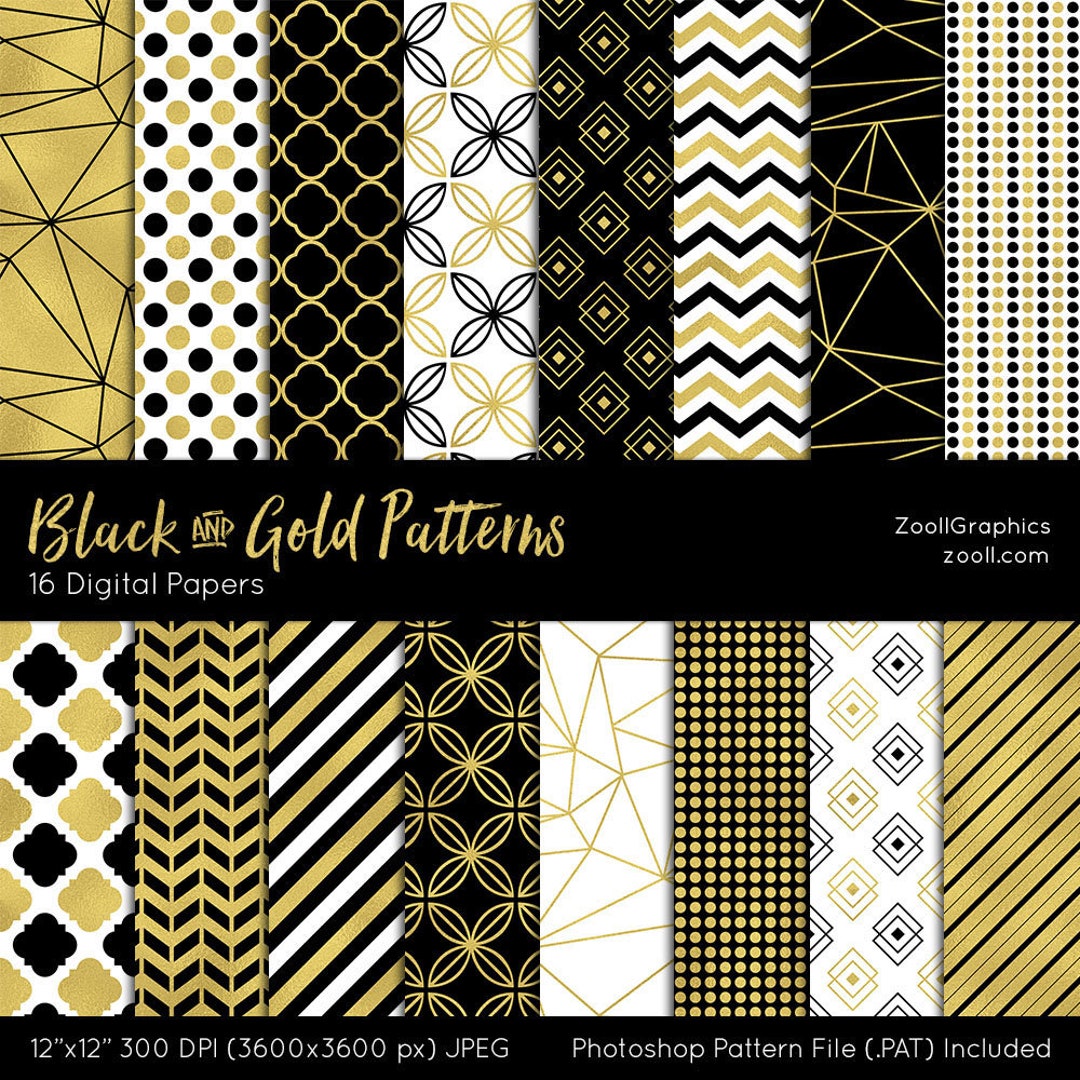 Black and Gold Patterns, 16 Digital Papers 12x12, Pattern