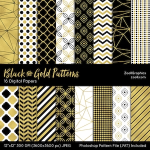 Black And Gold Patterns, 16 Digital Papers (12“x12“), Photoshop Pattern File .PAT Included, Seamless, Commercial Use, INSTANT DOWNLOAD