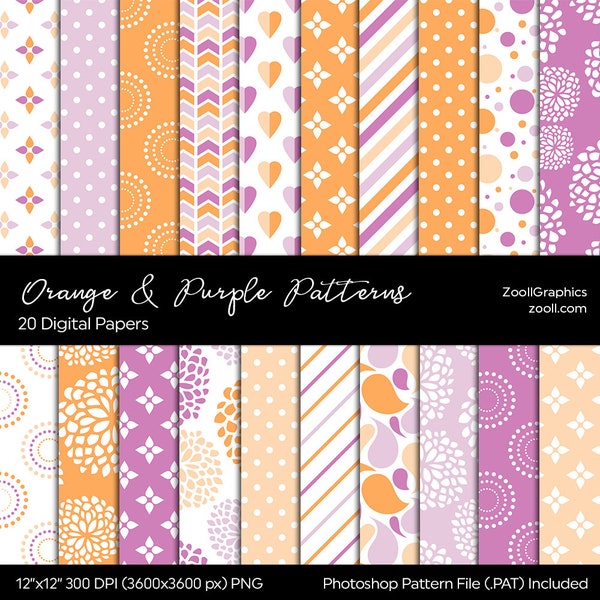 Orange And Purple Patterns, Digital Paper, 20 Digital Papers 12“x12“, PAT File Included, Orange Lilac Seamless Backgrounds, INSTANT DOWNLOAD