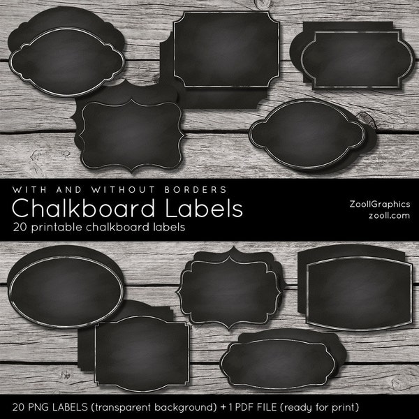 Chalkboard Labels With And Without Borders, Printable, 20 png Labels, 1 PDF, Commercial Use INSTANT DOWNLOAD