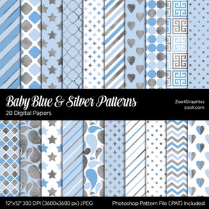 Padrões azul bebê e prata, 20 papéis digitais 12 “x12”, fundo de chá de bebê, arquivo PAT, sem costura, uso comercial, DOWNLOAD INSTANTÂNEO