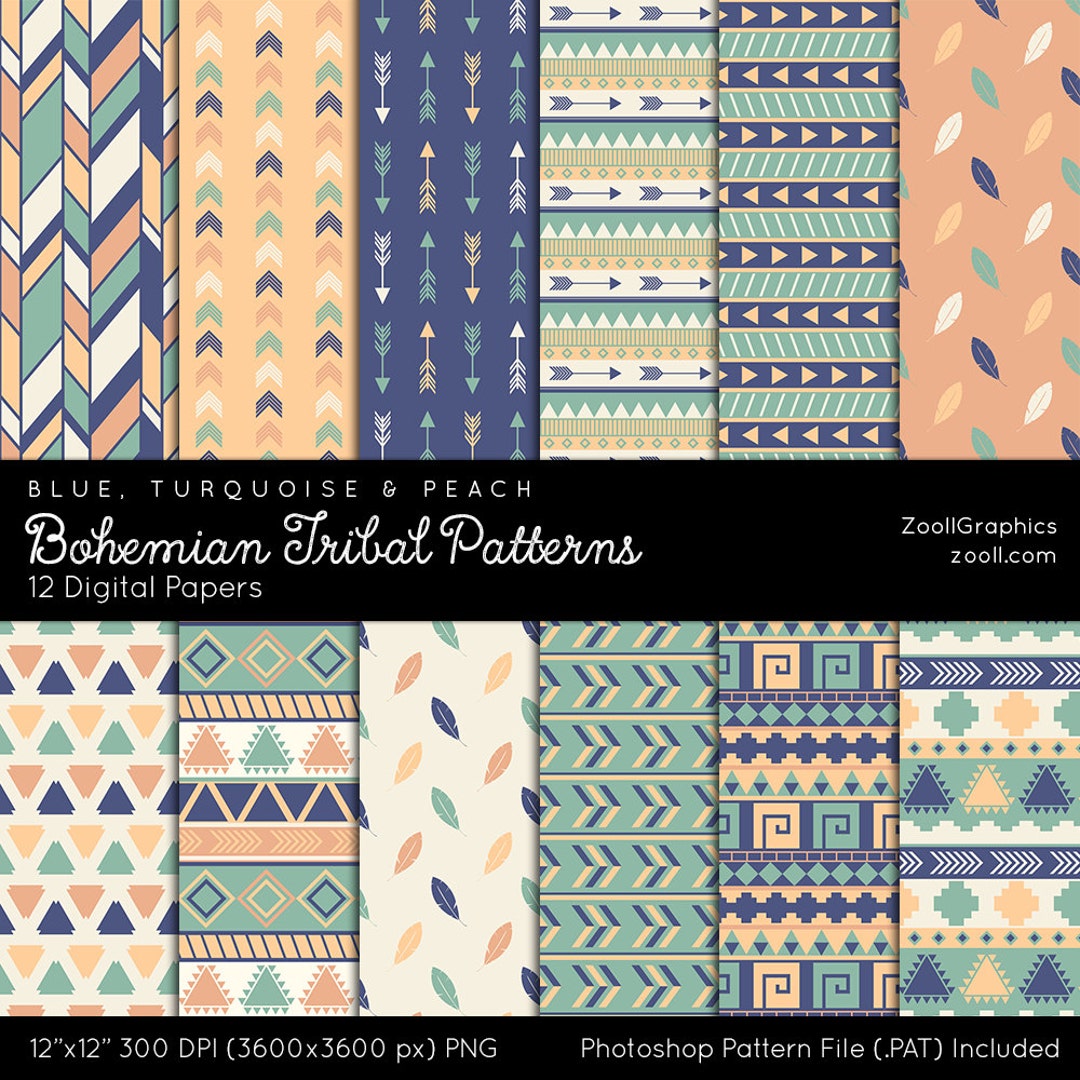 Bohemian Tribal Patterns – Blue, Turquoise & Peach, 12 Digital Papers ...
