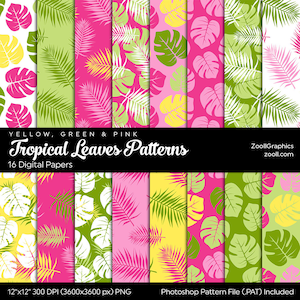 Tropical Leaves Patterns Yellow, Green & Pink, 16 Summer Digital Papers 12x12,  PAT File Included, Seamless, Commercial Use INSTANT DOWNLOAD