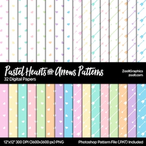 Padrões de corações e setas em tons pastéis, 32 papéis digitais 12x12, sem costura, arquivo PAT incluído, papel para chá de bebê, uso comercial, DOWNLOAD INSTANTÂNEO