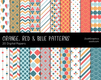 Orange, Red & Blue Patterns, 20 Digital Papers 12“x12“, PAT File Included, Seamless Patterns, Colorful Geometric Background INSTANT DOWNLOAD