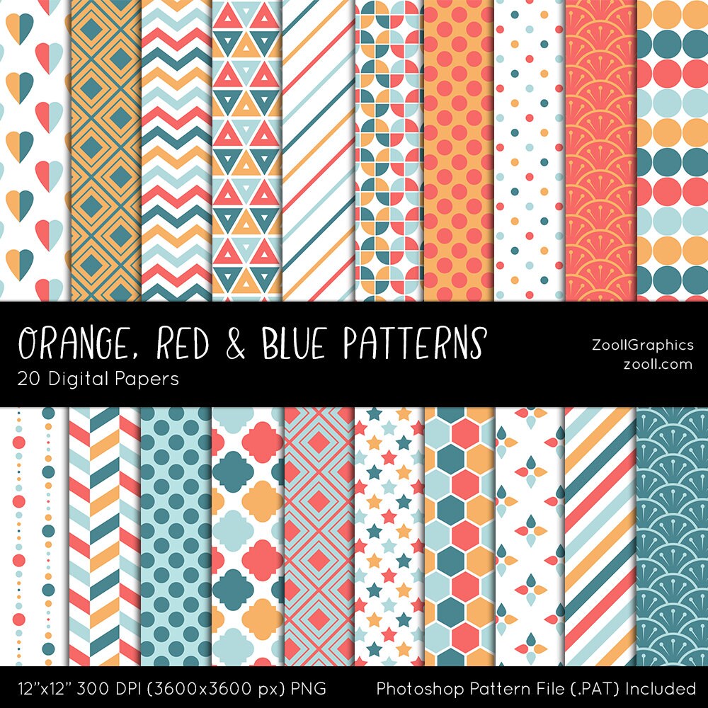 Orange, Red & Blue Patterns, 20 Digital Papers 12“x12“, PAT File Included, Seamless Patterns, Colorful Geometric Background INSTANT DOWNLOAD