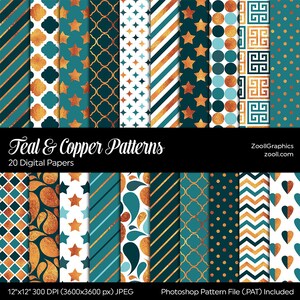 Teal & Copper Patterns, 20 Digital Papers 12“x12“, PAT File Included, Seamless Paper, Bronze Backgrounds, Commercial Use, INSTANT DOWNLOAD