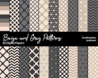 Beige And Gray/Grey Patterns, Neutral Background, 20 Digital Papers 12“x12“, Photoshop Pattern File PAT Included, Seamless, INSTANT DOWNLOAD