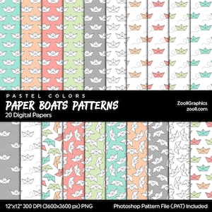 Paper Boats Patterns Pastel Colors, 20 Digital Papers 12“x12“, PAT File Included, Birthday Seamless Paper, Commercial Use, INSTANT DOWNLOAD