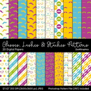 Gläser, Wimpern & Staches Hipster Muster, 20 digitale Papiere 12 "x 12", Muster-Datei PAT enthalten, nahtlose, kommerzielle Nutzung INSTANT DOWNLOAD