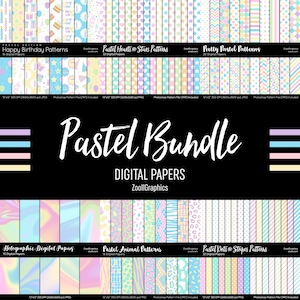 Pastel Digital Papers BUNDLE, Over 120 Digital Papers, 12“x12“, Pastel Patterns, Holographic Paper, Commercial Use, Instant Download