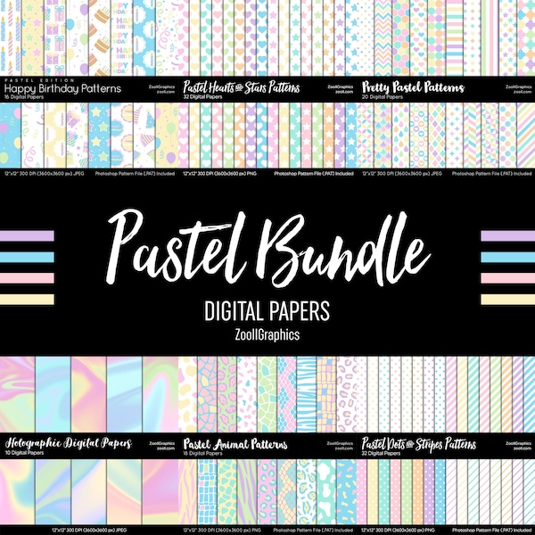 Pastel Digital Papers BUNDLE, Over 120 Digital Papers, 12“x12“, Pastel Patterns, Holographic Paper, Commercial Use, Instant Download