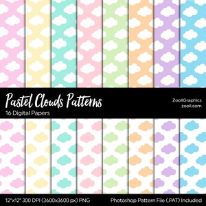 Padrões de nuvens pastel, 16 papéis digitais 12x12, padrões sem costura, arquivo PAT incluído, papel para chá de bebê, uso comercial, DOWNLOAD INSTANTÂNEO