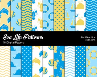 Sea Life Patterns, Ocean Background, Marine Life, 18 Summer Nautical Digital Papers 12“x12“,PAT File Included, Seamless, INSTANT DOWNLOAD