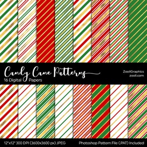 Candy Cane Patterns, 16 papiers numériques 12x12, sans couture, fichier PAT inclus, papier de Noël, rayures rouges vertes et dorées, TÉLÉCHARGEMENT INSTANTANÉ