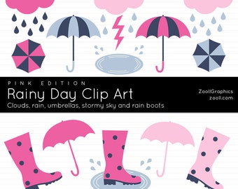 Rainy Day Clip Art -  Pink Edition, 13 PNG Files, Clouds, Boots, Puddle, Umbrellas, Transparent Background, Commercial Use INSTANT DOWNLOAD