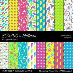 80's/90's Patronen, Digitaal Papier, 16 Digitale Papieren 12 "x12", Photoshop Patroon Bestand PAT Inbegrepen, Naadloos, Commercieel Gebruik INSTANT DOWNLOAD
