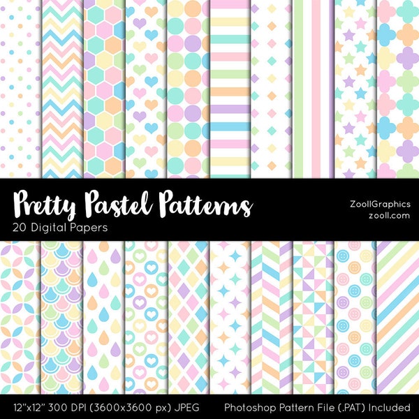 Pretty Pastel Patterns,  20 Digital Papers (12“x12“), Photoshop Pattern File .PAT Included, Seamless, Commercial Use, INSTANT DOWNLOAD