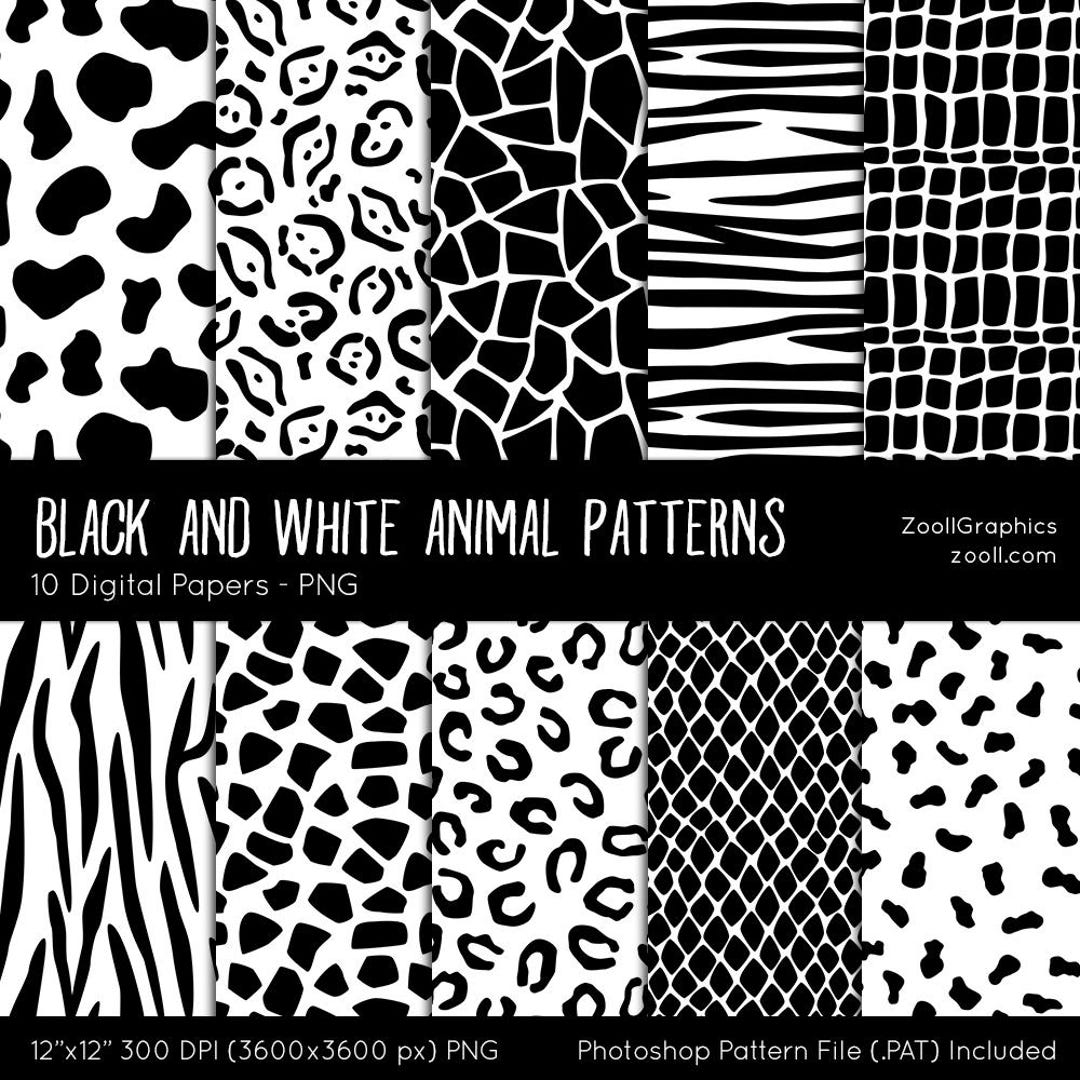 Black and White Animal Patterns, 10 Digital Papers (12“x12“), Photoshop ...