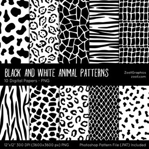 Modelli animali bianchi e neri, 10 carte digitali (12"x12"), Photoshop Pattern File PAT Incluso, Seamless, Uso commerciale INSTANT DOWNLOAD