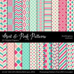 Mint And Pink Patterns, 20 Digital Papers 12“x12“, Photoshop Pattern File PAT Included, Seamless, Commercial Use, INSTANT DOWNLOAD