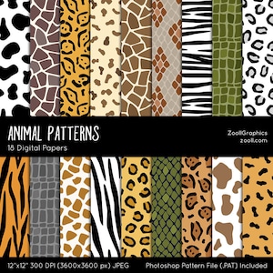 Animal Patterns, 18 Carte Digitali (12"x12"), Photoshop Pattern File . PAT incluso, senza soluzione di continuità, uso commerciale, DOWNLOAD ISTANTANEO