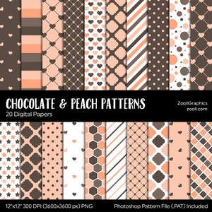 Padrões de chocolate e pêssego, 20 papéis digitais 12x12, sem costura, convites de fundo para chá de bebê, uso comercial, DOWNLOAD INSTANTÂNEO