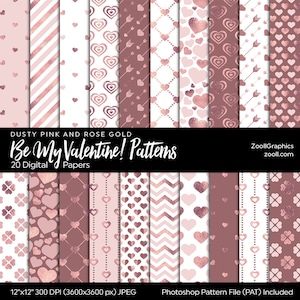 Be My Valentine Patterns – Dusty Pink And Rose Gold, Herzen Muster, 20 digitale Papiere 12"x12", PAT Datei, Nahtloses Papier, SOFORTIGER DOWNLOAD