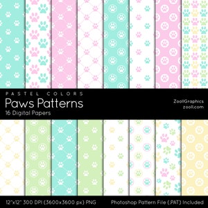 Paws Patterns – Pastel Colors, 16 Digital Papers 12“x12“, Cat Dog Paw Print, PAT File Included, Seamless, Commercial Use, INSTANT DOWNLOAD