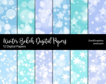 Winter Bokeh Digital Papers, Scrapbooking Papers, Bokeh Lights Background, 12 Digital Papers (12“x12“), Commercial Use, INSTANT DOWNLOAD