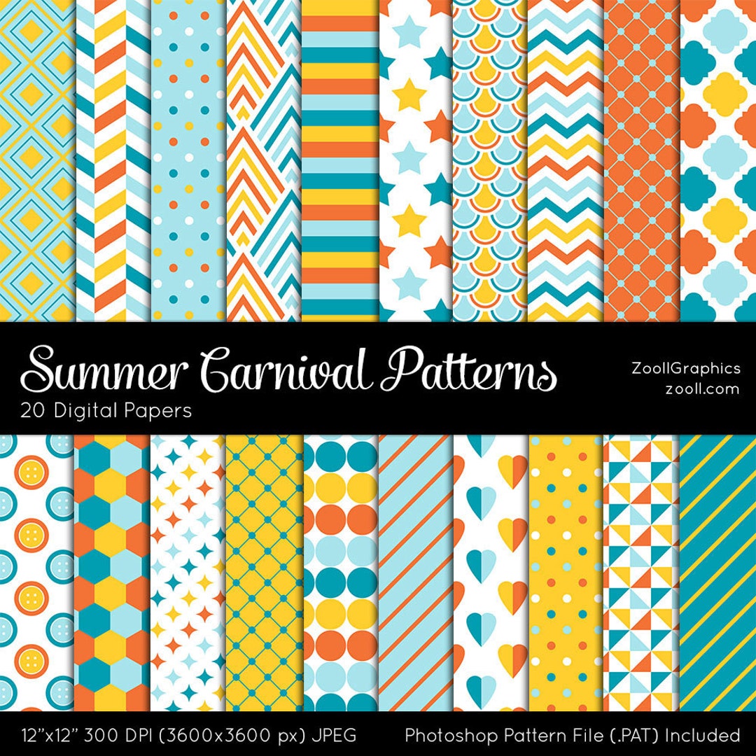 Summer Raffle Pattern Summer Carnival Patterns, 20 Digital Papers (12“x12“), Photoshop ...