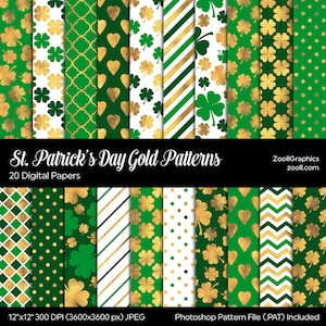St. Patrick's Day Gouden Patronen, 20 Digitale Papieren 12x12, Klaver, Klaver, Iers Geluk, PAT-bestand, Naadloos, Commercieel Gebruik, INSTANT DOWNLOAD