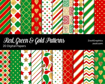 Red, Green & Gold Patterns, 20 Digital Papers 12“x12“, Christmas Papers, PAT File Included, Seamless, Commercial Use, INSTANT DOWNLOAD