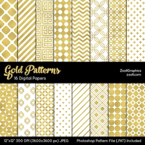 Gold Patterns, Digital Paper, 16 Digital Papers (12“x12“), Photoshop Pattern File .PAT Included, Seamless, Commercial Use, INSTANT DOWNLOAD