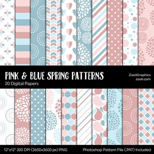 Pink & Blue Spring Patterns, Digital Paper, 20 Digital Papers 12x12, Pattern File .PAT Included, Seamless, Commercial Use, INSTANT DOWNLOAD