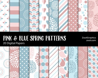 Pink & Blue Spring Patterns, Digital Paper, 20 Digital Papers 12x12, Pattern File .PAT Included, Seamless, Commercial Use, INSTANT DOWNLOAD