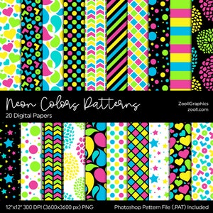 Neon Colors Patterns,  20 Digital Papers (12“x12“), Neon Background, PAT File Included, Seamless Paper, Commercial Use, INSTANT DOWNLOAD