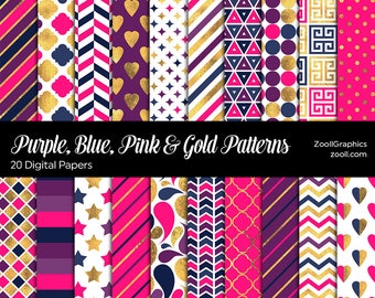 Purple, Blue, Pink & Gold Patterns, 20 Digital Papers 12“x12“, Photoshop Pattern File PAT Included, Seamless Commercial Use INSTANT DOWNLOAD