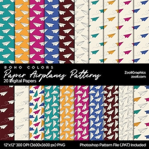 Paper Airplanes Patterns Boho Colors, 20 Digital Papers 12“x12“, Pattern File PAT Included, Seamless, Commercial Use, INSTANT DOWNLOAD