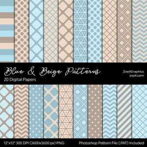 Blue And Beige Patterns, 20 Digital Papers 12x12, Baby Boy Shower Paper, PAT File Included, Seamless, Commercial Use, INSTANT DOWNLOAD