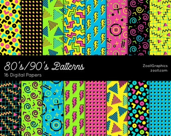 80&#39;s/90&#39;s Patterns, 16 Digital Papers (12“x12“), Photoshop Pattern File .PAT Included, Seamless, Commercial Use INSTANT DOWNLOAD