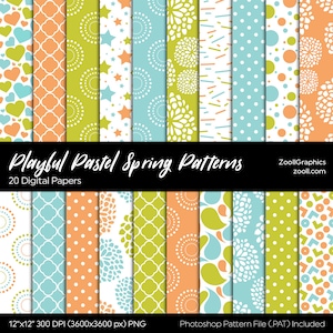 Playful Pastel Spring Patterns, Digital Paper, 20 Digital Papers (12"x12"), Photoshop Pattern File . PAT Inclus, Seamless, INSTANT DOWNLOAD