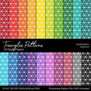 Triangles Patterns, 20 Digital Papers 12“x12“, Photoshop PAT File Included, Rainbow Scrapbook Background, Commercial Use, INSTANT DOWNLOAD