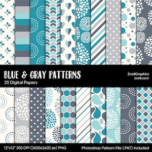 Blue And Gray/Grey Patterns, Digital Paper, 20 Digital Papers (12“x12“), Photoshop Pattern File .PAT Included, Seamless, INSTANT DOWNLOAD