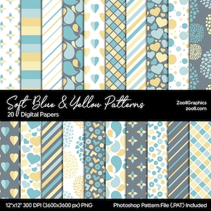 Soft Blue & Yellow Patterns, 20 Digital Papers 12"x12 », Easter Background, Baby Shower Paper, PAT File Included, Seamless, INSTANT DOWNLOAD