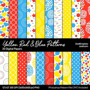 Patrones amarillos, rojos y azules, colores primarios, coloridos, 20 papeles digitales (12 x 12"), archivo de patrón . PAT incluido, sin costuras, DESCARGA INSTANT