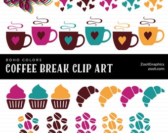Coffee Break Boho Colors Clip Art, 27 PNG Files, Coffee Cups, Cupcakes, Croissants, Transparent Background, Commercial Use, INSTANT DOWNLOAD